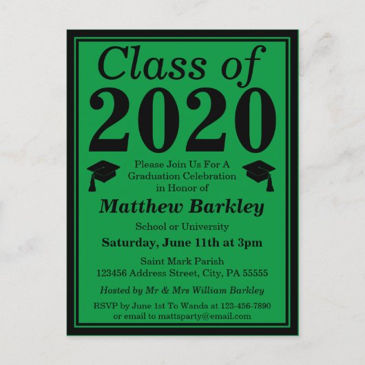 Klasse van 2024 Groen Zwart Afstuderen Uitnodiging Briefkaart (Voorkant)