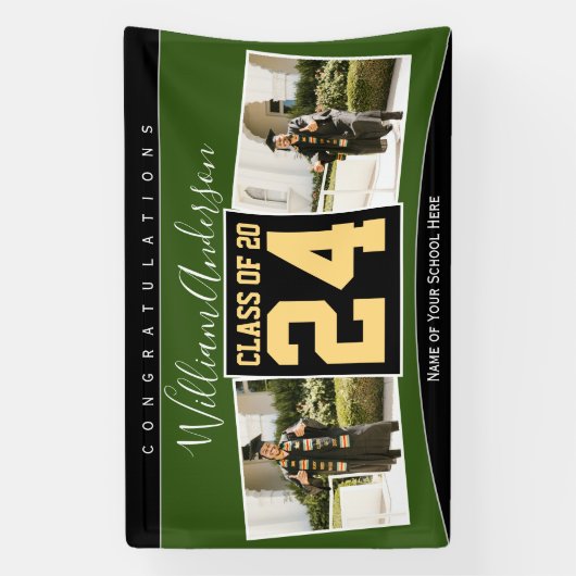 Klasse van 2024 Groen Zwart & Goud Afstuderen Foto Spandoek (Verticaal)