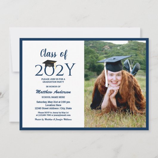 Klasse van 2024 Navy Blue Afstuderen Foto Afstuder Kaart (Voorkant)