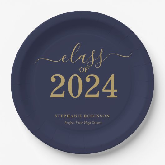 Klasse van 2024 Navy Blue Gold Graduation Party Papieren Bordje (Voorkant)