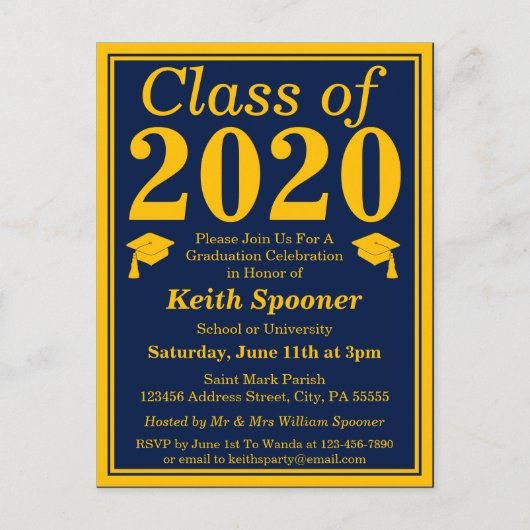 Klasse van 2024 Navy Gold Afstuderen Uitnodiging Briefkaart (Voorkant)