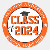 Klasse van 2024 Oranje Afstuderen Afstuderen Ronde Sticker (Voorkant)