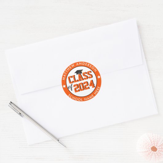 Klasse van 2024 Oranje Afstuderen Afstuderen Ronde Sticker (Envelop)