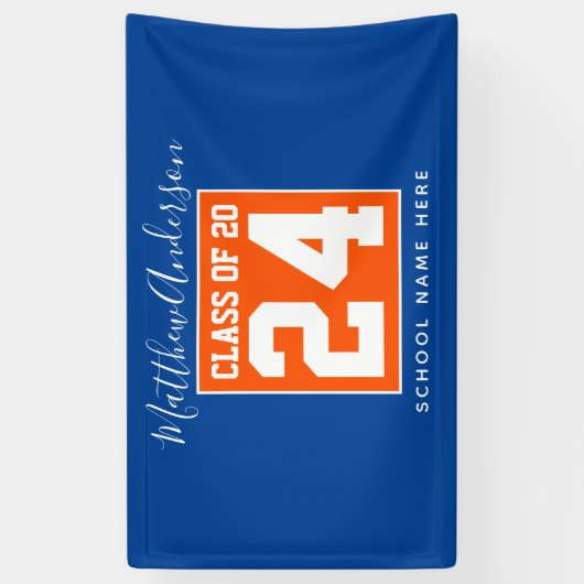 Klasse van 2024 Oranje Blauw & Goud Graduation Par Spandoek (Verticaal)