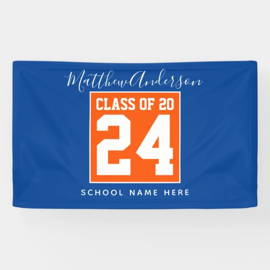 Klasse van 2024 Oranje Blauw & Goud Graduation Par Spandoek (Horizontaal)