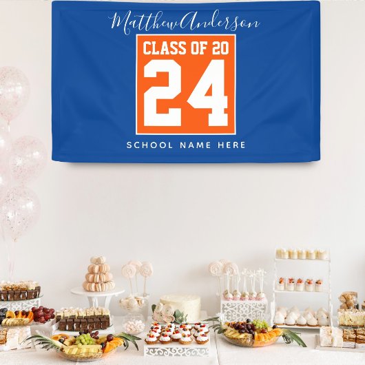 Klasse van 2024 Oranje Blauw & Goud Graduation Par Spandoek