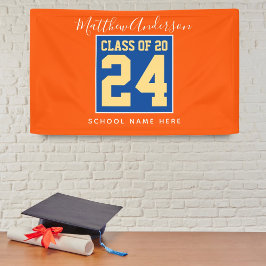 Klasse van 2024 Oranje Blauw & Goud Graduation Par Spandoek