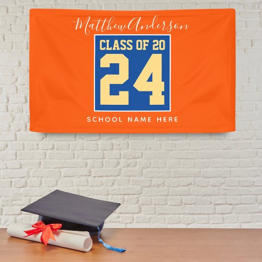 Klasse van 2024 Oranje Blauw & Goud Graduation Par Spandoek