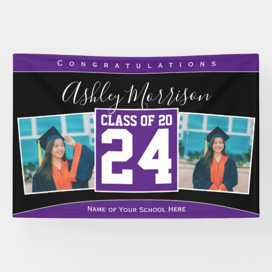 Klasse van 2024 Paarse Afstuderen Fotocollage Spandoek (Horizontaal)