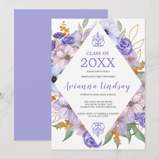 Klasse van 2024 Paarse Bloemen Afstuderen Kaart (Voorkant / Achterkant)