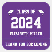 Klasse van 2024 Paarse en witte Afstuderen Favor Vierkante Sticker (Voorkant)
