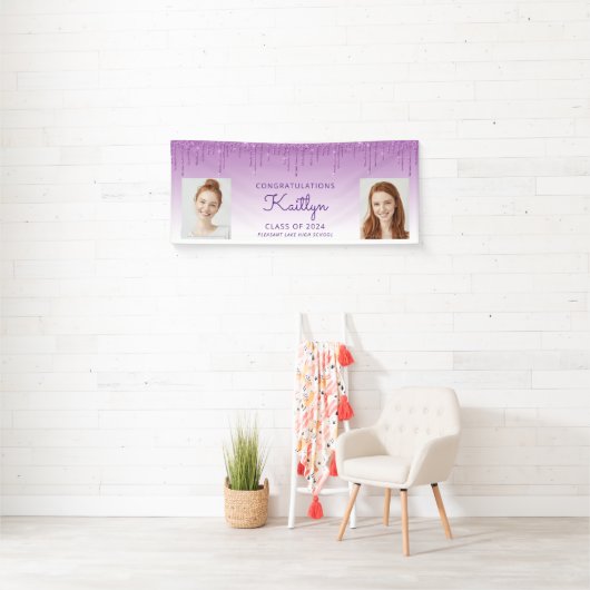 Klasse van 2024 Paarse Glitter 2-foto Afstuderen Spandoek (Insitu)