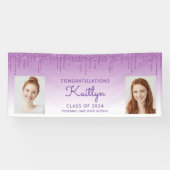 Klasse van 2024 Paarse Glitter 2-foto Afstuderen Spandoek (Horizontaal)