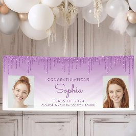 Klasse van 2024 Paarse Glitter 2-foto Afstuderen Spandoek