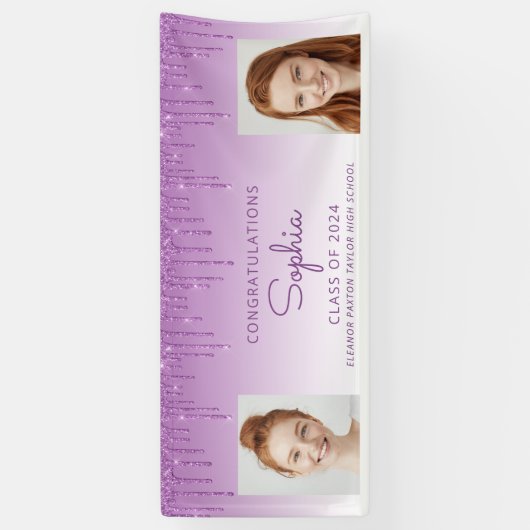 Klasse van 2024 Paarse Glitter 2-foto Afstuderen Spandoek (Verticaal)