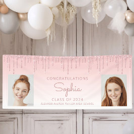 Klasse van 2024 Pink Glitter 2-foto Afstuderen Spandoek