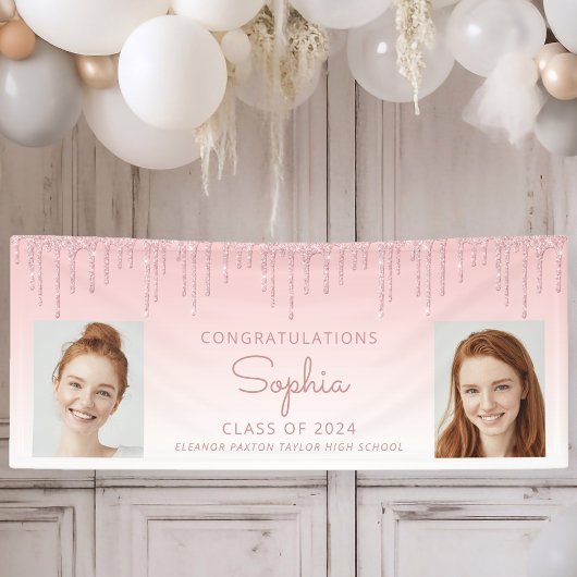 Klasse van 2024 Pink Glitter 2-foto Afstuderen Spandoek