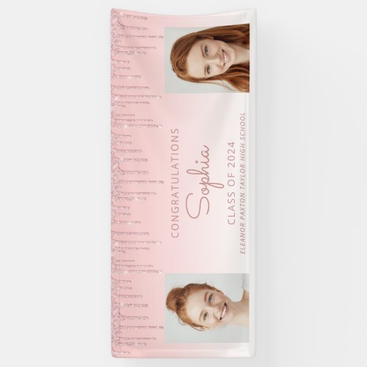 Klasse van 2024 Pink Glitter 2-foto Afstuderen Spandoek (Verticaal)