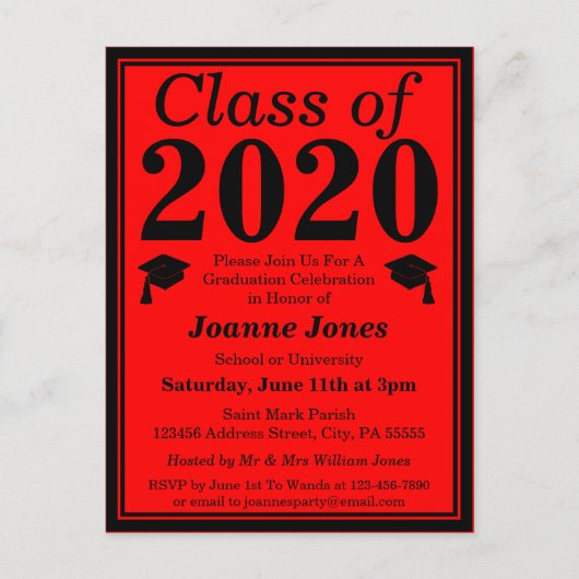 Klasse van 2024 Rood Zwart Afstuderen Uitnodiging Briefkaart (Voorkant)