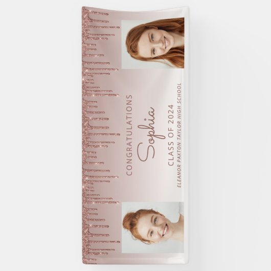 Klasse van 2024 Roos Gold Glitter 2-foto Afstudere Spandoek (Verticaal)