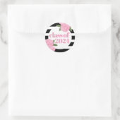 Klasse van 2024 Roze Rozen Zwart + Wit Streep Ronde Sticker (Tas)