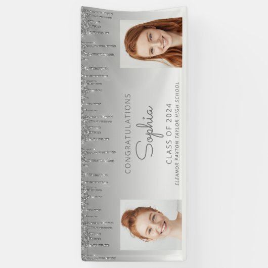 Klasse van 2024 Silver Glitter 2-foto Afstuderen Spandoek (Verticaal)