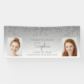 Klasse van 2024 Silver Glitter 2-foto Afstuderen Spandoek (Horizontaal)