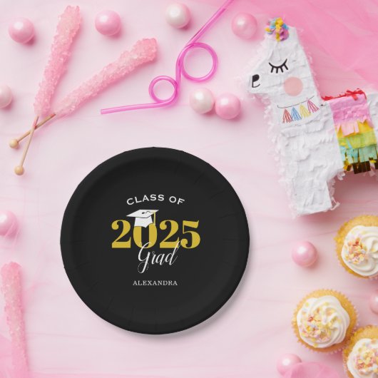 Klasse van 2025 Afstudeerder eenvoudig zwart en go Papieren Bordje (Feest)