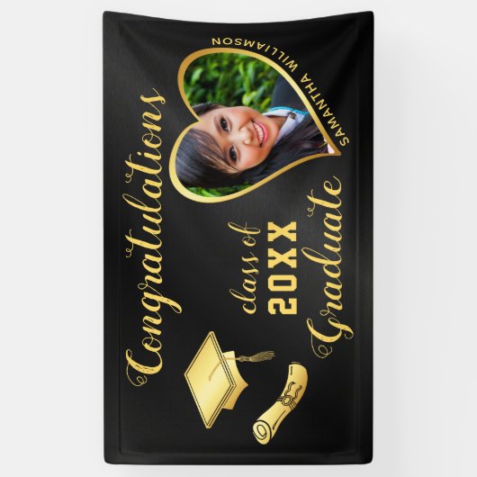 Klasse van 2025 Afstudeerder Foto Zwart en Goud Af Spandoek (Verticaal)