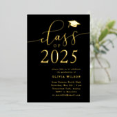 Klasse van 2025 Afstudeerder Party Black Gold Folie Uitnodiging (Staand Voorkant)
