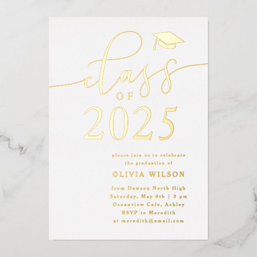 Klasse van 2025 Afstudeerder Party White Gold Folie Uitnodiging (Voorkant)