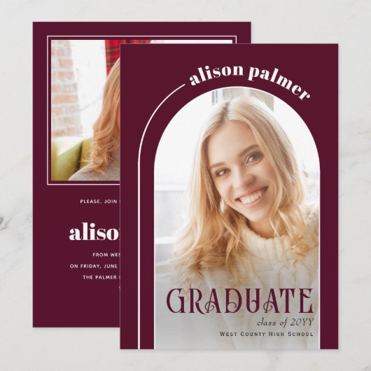 Klasse van 2025 AFSTUDEREN arch bordeaux foto Kaart (Voorkant / Achterkant)