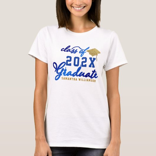 Klasse van 2025 Afstuderen Blauw Goud Wit Afstuder T-shirt (Voorkant)