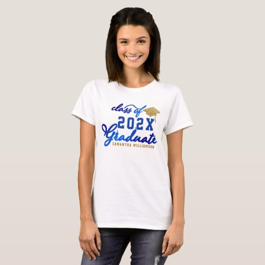 Klasse van 2025 Afstuderen Blauw Goud Wit Afstuder T-shirt (Voorkant volledig)