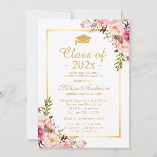 Klasse van 2025 Afstuderen Elegant Chic Floral Gol Kaart (Voorkant)
