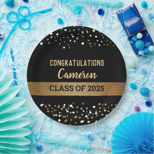 Klasse van 2025 Afstuderen Naam Gold Confetti Papieren Bordje (Feest)