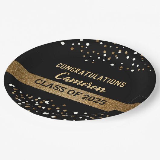 Klasse van 2025 Afstuderen Naam Gold Confetti Papieren Bordje (Gekanteld)