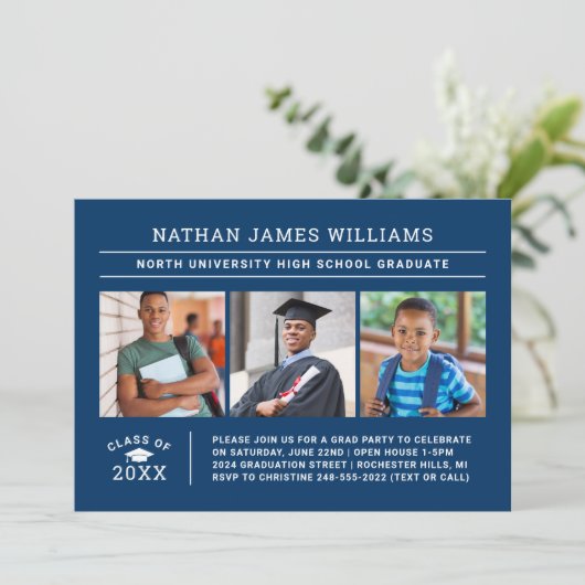 Klasse van 2025 Afstuderen Navy 3 Photo Afstuderen Kaart (Staand voorkant)