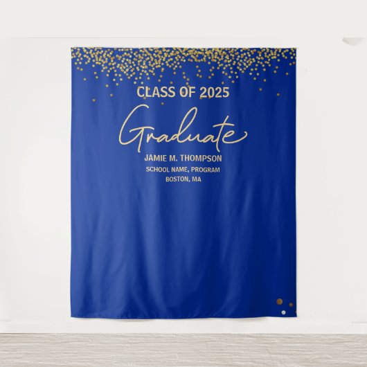 Klasse van 2025 afstuderen Royal Blue Gold Confett Wandkleed (Voorkant)