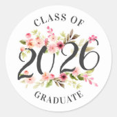 Klasse van 2025 Afstuderen Roze Bloemen Afstuderen Ronde Sticker (Voorkant)