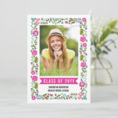 Klasse van 2025 afstuderen roze bloemen rand foto kaart (Staand voorkant)