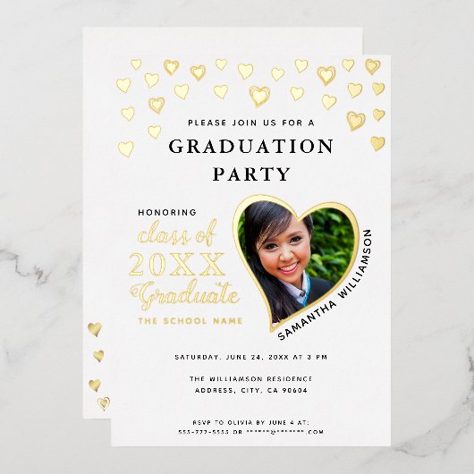 Klasse van 2025 Afstuderen Wit & Goud Afstuderen Folie Uitnodiging (Voorkant / Achterkant)