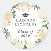 Klasse van 2025 Afstuderen Wit Groen Goud Bloemen Ronde Sticker (Voorkant)
