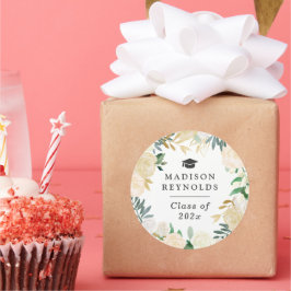 Klasse van 2025 Afstuderen Wit Groen Goud Bloemen Ronde Sticker