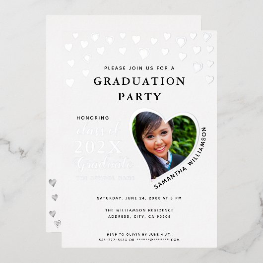 Klasse van 2025 Afstuderen Wit & Zilver Afstuderen Folie Uitnodiging (Voorkant / Achterkant)