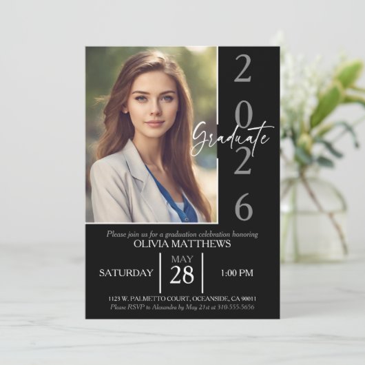 Klasse van 2025 Black Custom Photo Afstuderen Kaart (Staand voorkant)
