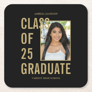 Klasse van 2025 Black & Gold Photo Graduation Part Kartonnen Onderzetters