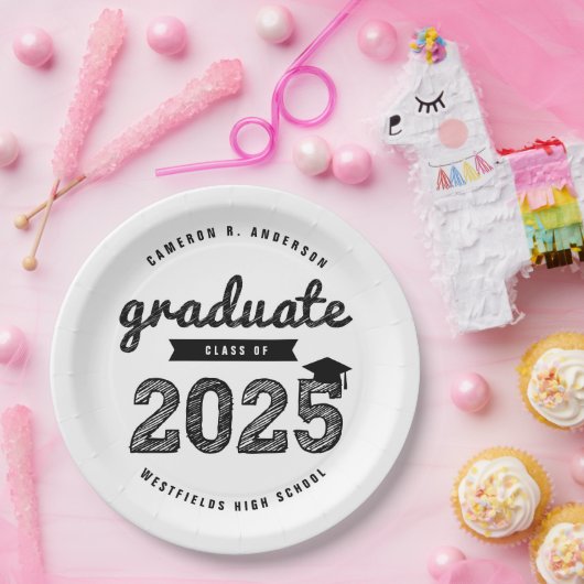 Klasse van 2025 Black Sketch Afstuderen Afstudeerd Papieren Bordje (Feest)