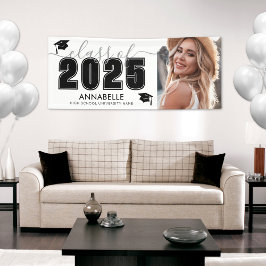 Klasse van 2025 Black White Photo Graduation Party Spandoek