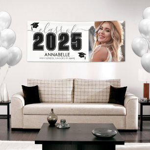 Klasse van 2025 Black White Photo Graduation Party Spandoek